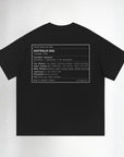 Black t-shirt with text design on a white background