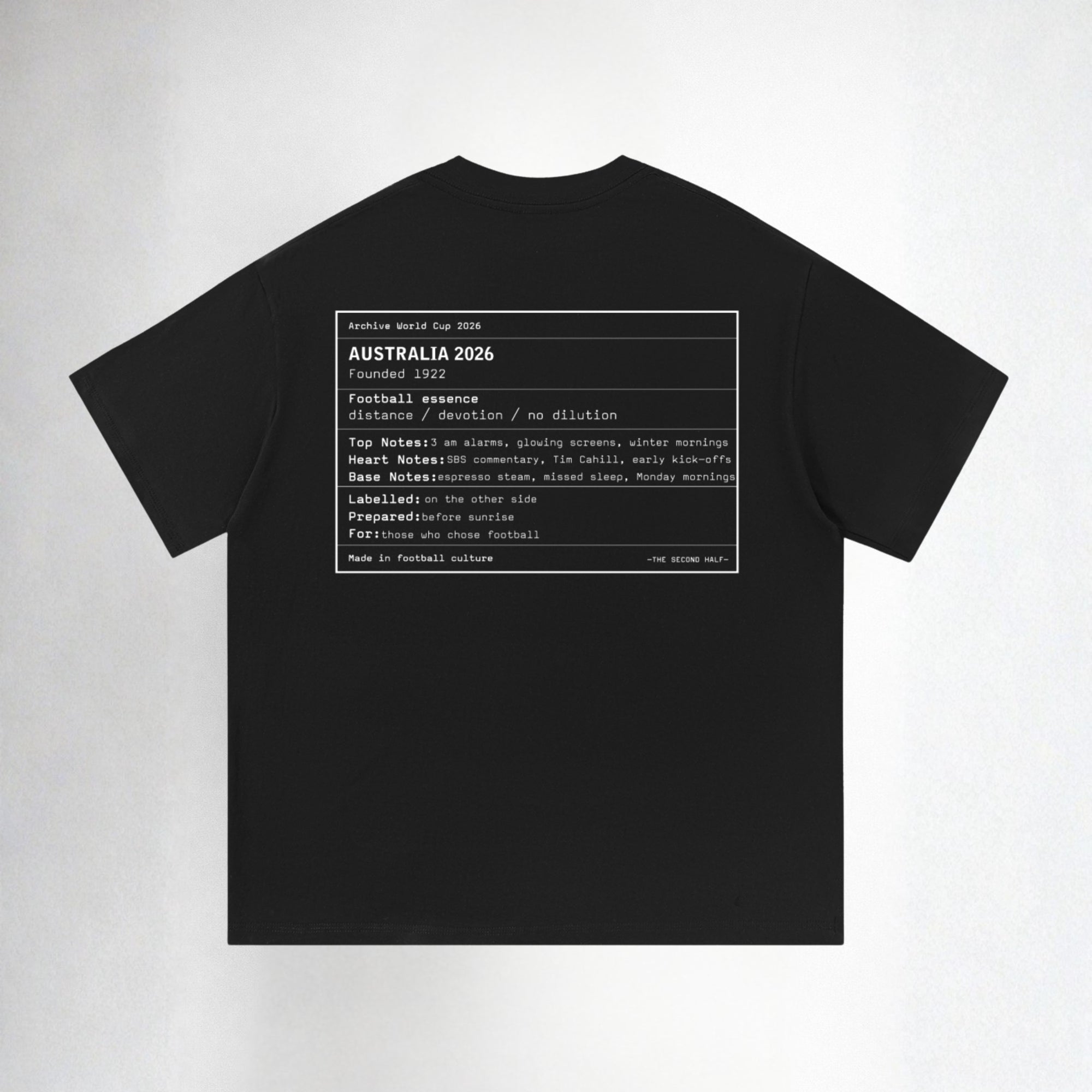 Black t-shirt with text design on a white background